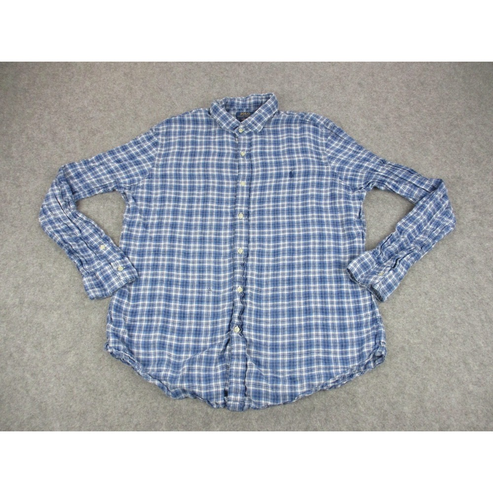 Polo Ralph Lauren Shirt Mens 2XL XXL Blue Linen Plaid Button Down Slim Fit